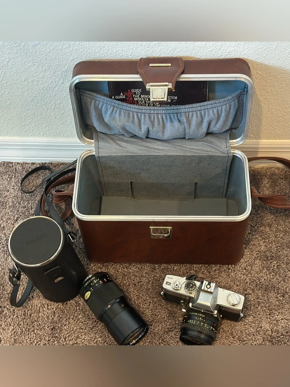 3-set Minolta SLR Film Camera with Brown Case and Extra Lens